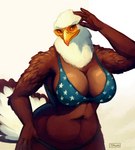 american_flag_bikini anthro beak big_breasts bikini breasts brown_body brown_feathers cleavage clothed clothing curvy_figure eyewear feathers female flag_bikini looking_at_viewer simple_background smile solo sunglasses swimwear tail tail_feathers two-piece_swimsuit voluptuous white_background white_body white_feathers wide_hips tenynn american_eagle accipitrid accipitriform avian bald_eagle bird eagle sea_eagle 2023 hi_res