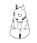 anthro arms_in_sleeves clothed clothing clothing_cord drawstring drawstring_topwear front_view fur hoodie looking_aside male simple_background solo sweater thinking thoughtful_expression toony topwear white_background fffffolder canid canine canis domestic_dog mammal black_and_white hi_res line_art monochrome