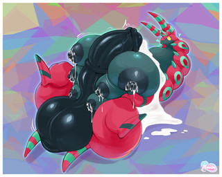 6_breasts abstract_background anthro balls big_balls big_breasts bodily_fluids breasts cum eyewear eyewear_only genital_fluids genitals glasses glasses_only gynomorph hand_on_breast heart_eyes heart_symbol horn huge_breasts implied_transformation intersex lactating lying medial_ring milk multi_breast nipples nude on_back open_mouth penis red_body solo wearing_glasses meganemausu nintendo pokemon dandychilla_(character) generation_5_pokemon pokemon_(species) scolipede 2026 absurd_res digital_media_(artwork) hi_res