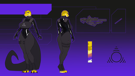anthro bodysuit clothing female gun latex ranged_weapon science_fiction skinsuit solo tight_clothing vape_pen weapon rfta jacqueline_le_maitre python reptile scalie snake absurd_res hi_res model_sheet