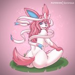 anthro anthrofied blue_eyes breasts butt female fur grass hair looking_at_viewer looking_back looking_back_at_viewer open_mouth open_smile pink_background pink_hair plant pokemorph rear_view side_boob simple_background sitting smile solo white_body white_fur soronous nintendo pokemon eeveelution generation_6_pokemon pokemon_(species) sylveon 1:1