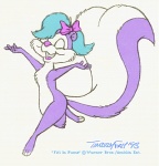 3_toes accessory anthro barefoot biped bow_(feature) bow_accessory bow_ribbon eyes_closed feet female fur green_hair hair hair_accessory hair_bow hair_ribbon happy open_mouth purple_body purple_feet purple_fur ribbons simple_background smile solo standing tail toes toony vintage white_background timothy_fay animaniacs tiny_toon_adventures warner_brothers fifi_la_fume mammal mephitid skunk striped_skunk 1993 low_res