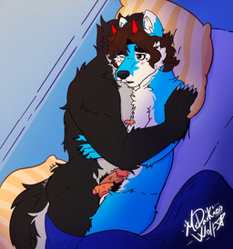 anthro duo erection genitals humanoid_genitalia humanoid_penis male male_ontop penis pubes requesting romantic romantic_couple rubbing rubbing_penis sex_request mrdarknesswolf dantalos mrdarknesswolf_(character) canid canine canis demon hybrid mammal wolf hi_res