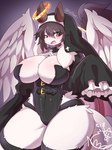 3:4 anthro big_breasts blush breasts clothed clothing feathered_wings feathers female fur hair hi_res horn mammal nyaswitchnya smile solo wings