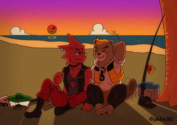 1980s_theme anthro beach butterfly_net clothing cloud date duo eyewear fishing_rod grass hands_behind_head jacket leather leather_clothing leather_jacket leather_topwear life_jacket male male/male net plant sand sea seaside shirt sunglasses sunset tank_top topwear tree vest water pointkillfox animal_crossing nintendo c.j._(animal_crossing) flick_(animal_crossing) arachnid arthropod beaver chameleon lizard mammal mygalomorph reptile rodent scalie spider tarantula absurd_res hi_res