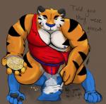 anthro bulge cereal countershading dialogue duo food force_feeding forced male mascot muscular nipples piercing text wrestling gulidx_(artist) frosted_flakes kellogg's dennis tony_the_tiger canid canine canis felid mammal pantherine tiger wolf absurd_res english_text hi_res