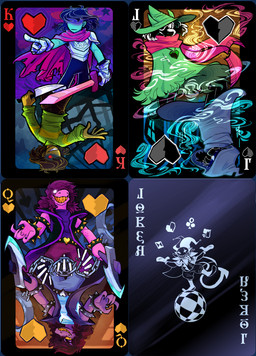anthro armband armor axe belt bracelet cape card chain chalk cloak clothed clothing clubs_(suit) cuff_(restraint) diamonds_(suit) eyewear female fur gesture glasses glowing glowing_eyes group hair hand_gesture hat headgear headwear heart_symbol holding_melee_weapon holding_object holding_sword holding_weapon hood jack_of_hearts jester jewelry joker_(playing_card) king_of_hearts knife long_hair male melee_weapon on_one_leg playing_card pointing pupils queen_of_hearts_(card) red_eyes restraints scarf shackles sharp_teeth slit_pupils spades_(suit) spiked_armband spiked_bracelet spikes standing suit_symbol sword teeth text thin_thighs tongue tongue_out weapon yellow_sclera sharpibees deltarune undertale_(series) jevil_(deltarune) kris_dreemurr ralsei susie_(deltarune) bovid caprine darkner goat human humanoid imp mammal reptile scalie 2018 absurd_res alpha_channel digital_media_(artwork) hi_res