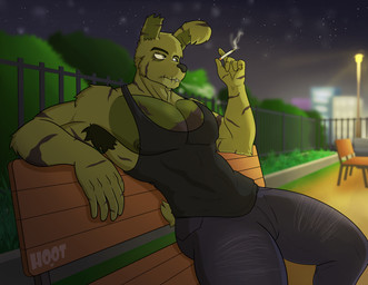 anthro armpit_hair bench body_hair bottomwear cigarette clothed clothing denim denim_bottomwear denim_clothing fur hair jeans male night nipples outside pants park park_bench shirt smoke smoking solo tank_top topwear dg254 five_nights_at_freddy's five_nights_at_freddy's_3 scottgames springdad_(dg254) springtrap_(fnaf) lagomorph leporid mammal rabbit absurd_res digital_media_(artwork) hi_res