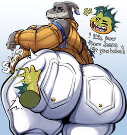 anthro big_butt butt butt_slap clothed clothing crossdressing dialogue duo ear_piercing ear_ring green_body grey_body huge_butt lipstick makeup male male/male overweight overweight_male piercing rear_view ring_piercing simple_background size_difference slap text doeswhatever dreamworks the_bad_guys mr._piranha_(the_bad_guys) mr._shark_(the_bad_guys) aquatic characiform fish piranha_(fish) serrasalmid shark absurd_res english_text hi_res