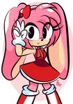 alternate_species anthro black_nose clothing dress ears_down eyelashes female fur gesture hand_gesture looking_at_viewer pink_body pink_fur pivoted_ears red_clothing red_dress solo standing v_sign diego_mejia sega sonic_the_hedgehog_(series) amy_rose lagomorph leporid mammal rabbit