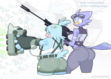 accessory anthro armwear beak belt big_breasts big_butt blue_body blue_eyes blue_feathers bottomwear breasts butt clothing denim denim_bottomwear denim_clothing denim_shorts duo elbow_gloves eyelashes eyewear feather_hands feathers female fingerless_gloves glasses gloves goggles green_bottomwear green_clothing green_shorts grey_bottomwear grey_clothing grey_pants gun hair hair_accessory hair_tie hairclip handwear holding_gun holding_object holding_ranged_weapon holding_weapon huge_breasts laser_gun pants ranged_weapon rifle round_glasses shirt shooting shorts sniper_rifle suspenders tail tail_feathers tank_top tied_hair tight_bottomwear tight_clothing tight_pants topwear weapon white_clothing white_shirt white_tank_top white_topwear doodledox callie_quiem verity_(doodledox) avian bird 2024