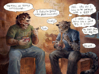 anthro biped box can cardboard cardboard_box chopsticks clothed clothing container duo eating eating_food fluffy food fully_clothed inside male male_anthro natural_colors noodles sitting speech_bubble spots tail text akatan_art bernese_mountain_dog canid canine canis domestic_dog felid mammal molosser mountain_dog pantherine snow_leopard swiss_mountain_dog acrylic_painting_(artwork) english_text hi_res painting_(artwork) traditional_media_(artwork) traditional_painting_(artwork)