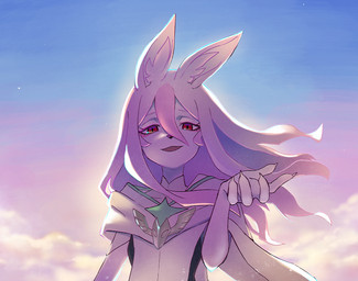 5_fingers anthro black_nose clothed clothing cute_fangs fangs female fingers fur hair inner_ear_fluff long_hair looking_at_viewer open_mouth pink_body pink_hair red_eyes solo teeth tuft white_body white_fur h0y0n brand_new_animal studio_trigger nazuna_hiwatashi canid canine fox mammal 2020
