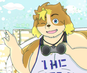 anthro blue_eyes clothing eyewear floppy_ears gesture goggles hand_gesture kemono male one_eye_closed pointing shirt solo tank_top topwear wink 1pishi lifewonders live_a_hero hisaki_(live_a_hero) canid canine canis domestic_dog mammal 6:5