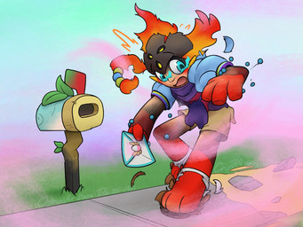 ambiguous_gender beaded_jewelry beads blue_fire clothing colored_fire feral fire flaming_eyes flaming_hair gradient_background grass jewelry looking_at_self mail mailbox open_mouth pavement plant pseudo_hair purple_scarf scarf shoes_ripping simple_background solo surprised_face surprised_look torn_clothing transformation transformation_through_magic crizbn nintendo pokemon pokemon_mystery_dungeon spike_chunsoft armarouge generation_9_pokemon pokemon_(species) 2025 4:3