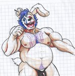 anthro barazoku belly biceps body_hair butt chest_hair clothing fur hair heterochromia makeup male musclebear muscular muscular_anthro muscular_male nipples pecs pubes pubes_exposed purple_hair smile smiling_at_viewer solo tail tongue tongue_out underwear white_body white_fur pinumontbalou clown_springtrap_(fnaf) lagomorph leporid mammal rabbit hi_res