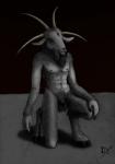 abs anthro balls biped claws crotch_fur dark_body dark_fur fangs flaccid fur fuzzy_balls genitals hand_on_leg hooves horizontal_pupils horn kneeling male navel nipples penis pupils red_eyes solo teeth dekxer animal_humanoid bovid caprine caprine_demon demon humanoid mammal satyr 2019 absurd_res graphite_(artwork) hi_res monochrome traditional_media_(artwork)