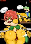 alpha_channel anthro anus bdsm big_breasts big_butt bodily_fluids bondage bound bowser breasts butt clothing crossgender cuff_(restraint) dialogue dominant dominant_human dominant_male duo english_text female human human_on_anthro interspecies koopa larger_female luigi male male/female mammal mario_bros nintendo prisoner restrained restraints scalie shackles size_difference smaller_male spread_butt spreader_bar spreading submissive submissive_female sweat tallyburd text thong tinder_(artist) underwear
