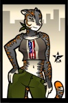 anthro biped clothed clothing eyes_closed female front_view fur grey_body grey_fur melanistic midriff navel orange_body orange_fur pink_nose pockets solo standing stripes tail thumbs_in_pockets white_body white_fur chris_goodwin felid mammal pantherine tiger 2001