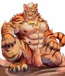 4_toes 5_fingers abs anthro balls biceps blue_eyes cheek_tuft chest_tuft claws countershading crouching facial_tuft feet fingers fur genitals humanoid_genitalia humanoid_penis inner_ear_fluff looking_at_viewer male muscular muscular_anthro muscular_male nipples orange_body orange_fur pecs penis simple_background smile solo stripes toe_claws toes tuft white_background fd-caro nekojishi studio_klondike lin_hu felid mammal pantherine tiger 2017 absurd_res digital_media_(artwork) hi_res