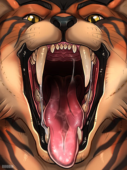 anthro big_fangs black_markings black_nose bodily_fluids fangs front_view fur glistening glistening_eyes looking_at_viewer male markings mouth_shot open_mouth orange_body orange_fur pupils red_tongue saliva saliva_string slit_pupils solo tan_body tan_fur teeth tongue whiskers yellow_eyes roobin felid mammal hi_res