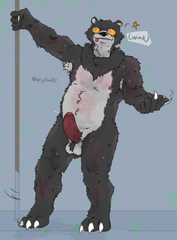 anthro armpit_hair balls bodily_fluids body_hair butt clawed_hands claws dancing ear_piercing ear_ring erection eyewear eyewear_only finger_claws fluffy foreskin fur genital_fluids genitals humanoid_genitalia humanoid_penis looking_at_viewer male nipples nude one_eye_closed partially_retracted_foreskin penis piercing pole pole_dancing ring_piercing simple_background smile solo stripper stripper_pole sunglasses sunglasses_on_face sunglasses_only text toe_claws vein veiny_penis wink winking_at_viewer spicyfish157 bear mammal digital_media_(artwork) hi_res
