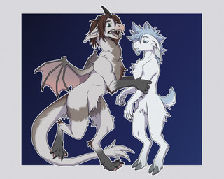 4_toes alternate_species anthro duo feet fur goat_tail hooves long_neck long_tail male sharp_teeth size_difference species_transformation tail teeth toes tongue tongue_out transformation shardfox mythology nator sklifos bovid caprine dragon furred_dragon furred_scalie goat mammal mythological_creature mythological_scalie scalie 5:4 hi_res