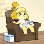 alcohol anthro bell beverage blush bodily_fluids chair clean_diaper clothed clothing diaper diaper_package female folded_diaper food furniture genital_fluids glass popcorn sitting solo unclean_diaper urine used_diaper wearing_diaper wet_diaper wetness_indicator wetting wine hodgepodgedl third-party_edit yellowhellion animal_crossing nintendo isabelle_(animal_crossing) canid canine canis domestic_dog mammal hi_res