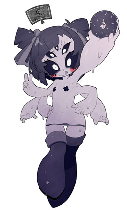 5_eyes 5_fingers 6_arms anthro biped black_clothing black_hair black_legwear black_sclera black_thigh_highs blush blush_stickers bodily_fluids boots breasts clothed clothing clothing_around_legs cute_fangs dessert doughnut fangs female female_anthro fingers food footwear gesture glistening glistening_body hair hand_gesture hands_on_waist holding_doughnut holding_food holding_object legwear loli long_boots looking_at_viewer money multi_arm multi_eye multi_limb navel nipple_outline panties panties_around_legs partially_clothed pasties pastry purple_body ribbons shoes short_hair simple_background small_breasts solo standing sweat teeth thigh_highs tongue tongue_out underwear underwear_around_legs v_sign white_background white_eyes young young_anthro young_female doejigogi undertale undertale_(series) muffet arachnid arthropod spider absurd_res hi_res