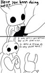 2_horns 2_panel_comic ambiguous_gender black_eyes black_text cloak clothing dialogue duo ellipsis eyebrows horn looking_at_another question_mark simple_background talking_to_another text weapon_on_back white_background white_head skeletorskeletonized hollow_knight team_cherry bretta_(hollow_knight) the_knight_(hollow_knight) arthropod beetle insect vessel_(species) 2020 5:8 comic digital_media_(artwork) english_text hi_res female_(lore)