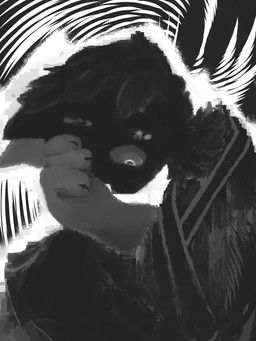 3_fingers anthro black_body black_ears black_fur black_nails bodily_fluids bottomwear clothed clothing colored_nails fingers fully_clothed fur grey_eyes grey_nose holding_head looking_down male nails neck_tuft sitting solo spiral sweat topwear tuft worried hooki felid feline mammal 3:4 character_request monochrome