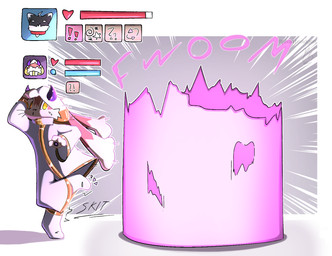 ambiguous_gender anthro biped cleric clothed clothing costume dialogue fur gameplay_mechanics gui healer_outfit health_bar horn magic onomatopoeia rpg_dungeon simple_background solo sound_effects status_effect surprised tail text phantomdgen domestic_cat felid feline felis lagomorph leporid mammal rabbit colored comic digital_drawing_(artwork) digital_media_(artwork) english_text hi_res shaded