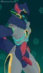 animal_genitalia animal_penis anthro armor athletic balls blue_body blue_fur canine_genitalia canine_penis fur genitals knot machine male neck_tuft penis red_body red_fur red_penis saggy_balls selfie smile smiling_at_viewer solo thick_thighs tongue tongue_out tuft visor 0grapheneheart0 fox_becket canid canine mammal protogen absurd_res hi_res