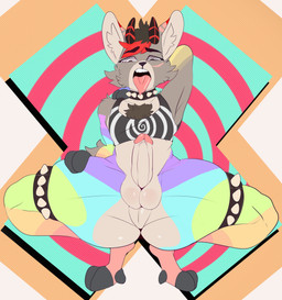 anthro balls bedroom_eyes body_hair bulge cheek_tuft chest_hair clothing collar crop_top crouching erection facial_tuft femboy genitals half-closed_eyes highlights_(coloring) hooves horn humanoid_genitalia humanoid_penis inner_ear_fluff inviting legband looking_at_viewer male mostly_nude muscular_legs narrowed_eyes open_mouth penis presenting presenting_balls presenting_penis psychedelic ringed_eyes seductive shirt simple_background solo spiral spread_legs spreading studded_collar studded_legband studs thick_thighs tongue tongue_out topwear tuft wide_hips conditional_dnp punkypanda johe_dala bovid caprine goat mammal absurd_res hi_res