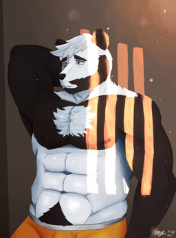 abs anthro beard body_hair boxers_(clothing) brown_body brown_fur chest_hair chest_tuft clothing facial_hair fluffy fur hair male muscular nipples pecs pubes simple_background solo sunset tuft underwear emyr_minotaur bear giant_panda mammal absurd_res hi_res shaded