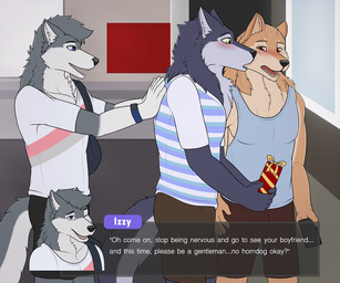 anthro anthro_on_anthro black_bottomwear black_clothing black_shorts blue_clothing blue_shirt blue_tank_top blue_topwear blush bottomwear brown_bottomwear brown_clothing brown_eyes brown_shorts clothed clothed_anthro clothed_male clothing cutaway detailed_background dialogue encouragement fingers fur gift green_eyes grey_body grey_fur group holding_object humanoid_hands inside looking_at_another male male/male one_eye_closed open_mouth pattern_clothing pattern_shirt pattern_topwear purple_eyes shirt shorts shove speech_bubble standing striped_clothing striped_shirt striped_topwear stripes surprised talking_to_another tan_body tan_fur tank_top text topwear trio visual_novel_interface white_clothing white_shirt white_topwear wink dregna tennis_ace fan_character izzy_(dregna) shoichi_urata yuuichi_michimiya canid canine canis domestic_dog husky mammal nordic_sled_dog shiba_inu spitz wolf 2021 colored digital_media_(artwork) english_text portrait three-quarter_portrait