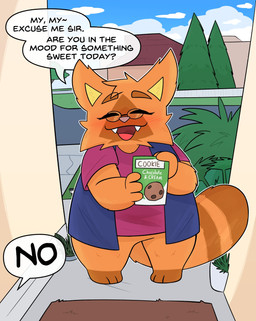 anthro barely_visible_cleavage blush clothed clothed_anthro clothed_female clothing cloud container cookie curvy_figure detailed_background dialogue doormat eyes_closed eyewear fangs female female_anthro first_person_view food fur glasses holding_container holding_object looking_at_viewer mature_anthro mature_female neighborhood offscreen_character open_mouth orange_body orange_fur outside overweight overweight_anthro overweight_female partially_clothed plant pointy_ears porch question question_mark salesperson shirt speech_bubble standing tail teeth text topwear tree vest voluptuous voluptuous_anthro voluptuous_female crushpepper peri_(crushpepper) domestic_cat felid feline felis mammal 2025 colored digital_drawing_(artwork) digital_media_(artwork) english_description english_text hi_res