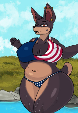 american_flag_bikini anthro big_breasts bikini biped black_lipstick breasts brown_body brown_eyes brown_fur clothed clothed_anthro clothed_female clothing cloud day ear_piercing female fingers flag_bikini flag_swimwear fur grass huge_breasts humanoid_hands lake lipstick looking_at_viewer looking_down low-angle_view makeup markings navel nipple_outline outside partially_submerged piercing plant rock seductive short_tail skimpy sky slightly_chubby slightly_chubby_anthro slightly_chubby_female smile solo spots spotted_markings standing swimwear tail thick_thighs two-piece_swimsuit voluptuous_anthro voluptuous_female water wet wet_body wet_fur wide_hips spoldier canid canine canis dobermann domestic_dog mammal pinscher 2025 absurd_res colored hi_res portrait three-quarter_portrait