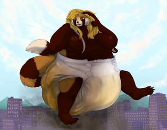 anthro big_breasts biped blonde_hair breasts clothing destruction diaper excessive_feces feces female female_anthro hair huge_breasts hyper hyper_feces hyper_soiling macro macro_anthro macro_female scatplay soiled_diaper soiling solo unclean_diaper used_diaper white_diaper stonedshiba ailurid mammal red_panda colored