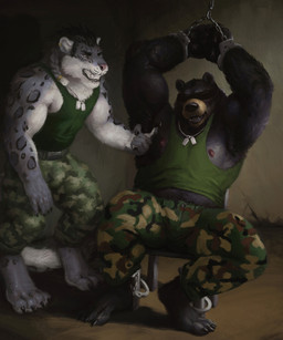 ankles_tied anthro areola bdsm biceps blindfold bottomwear bound chain chained chair clothing cuff_(restraint) dog_tag_necklace dominant dominant_male duo ear_piercing feet fur furniture grey_body handcuffed handcuffs hands_tied jewelry male male/male markings metal_cuffs military military_clothing military_pants muscular muscular_anthro muscular_male necklace nipples open_mouth pecs piercing restraints shirt sitting smile spots spread_legs spreading tail tank_top teeth toes tongue tongue_out topwear orcfun bear felid mammal pantherine snow_leopard ursine 5:6 digital_media_(artwork) hi_res