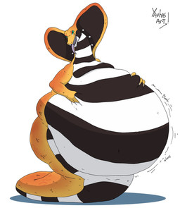 ambiguous_gender anthro apode belly big_belly black_stripes green_eyes huge_belly legless orange_arms orange_body overweight rumbling_stomach serpentine simple_background solo stripes text tongue tongue_out white_background white_stripes yauhasart draconcopode naga reptile scalie snake 2025 english_text hi_res watermark