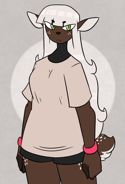 anthro bangs bottomwear bracelet breasts brown_body brown_fur clothing female freckles fur green_eyes hair jewelry long_hair looking_at_viewer neutral_expression shirt shorts simple_background solo t-shirt tail_spots topwear white_hair nerdyreindeer deer mammal hi_res