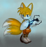 anthro aperture_logo blue_eyes clothing cosplay crossover_cosplay fur jumpsuit long_fall_boots looking_at_viewer male multi_tail orange_clothing orange_jumpsuit portal_gun shirt solo tail tank_top topwear yellow_body yellow_fur unbreakablebond portal_(series) sega sonic_the_hedgehog_(series) valve miles_prower canid canine fox mammal crossover full-length_portrait portrait