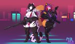 anthro big_breasts breast_size_difference breasts cleavage clothed clothing duo female gun holding_gun holding_object holding_ranged_weapon holding_weapon huge_breasts nipple_outline ranged_weapon weapon meganemausu fyxe nilani_(pocket-sand) canid canine felid mammal pantherine tiger hi_res