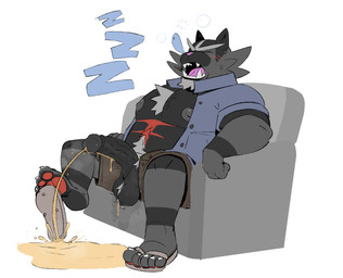 anthro areola balls beard belly_hair big_areola big_penis bodily_fluids body_hair bottomwear button_fly chair chest_hair clothed clothing excessive_urine facial_hair footwear furniture genital_fluids genitals huge_penis humanoid_genitalia humanoid_penis loose_footwear male mature_male musclegut muscular nipples on_chair open_bottomwear open_clothing open_pants overweight overweight_anthro overweight_male pants pawpads peeing penis saggy_balls sandals shoe_dangle shoes sleep_bubble sleeping solo sound_effects urine urine_on_ground urine_pool urine_stream vein veiny_penis vowelless vowelless_sound_effect zzz bunnbnui nintendo pokemon felid feline generation_7_pokemon incineroar mammal pokemon_(species) hi_res
