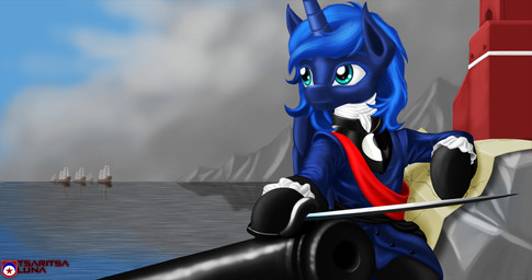 accessory blue_body blue_hair building cannon clothed clothed_feral clothing female feral frilly frilly_accessory hair holding_melee_weapon holding_object holding_sword holding_weapon hooves horn jacket map melee_weapon mountain outside ranged_weapon rock sash sea seaside ship sitting solo sword teal_eyes topwear vehicle water watercraft weapon wings 115predator tsaritsaluna friendship_is_magic hasbro my_little_pony mythology princess_luna_(mlp) equid equine mammal mythological_creature mythological_equine winged_unicorn 2015 256:135 hi_res inspired_by_formal_art watermark