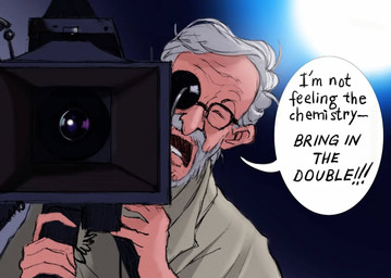 abstract_background beard black_eyewear black_glasses camera clothing dialogue eyes_closed eyewear facial_hair front_view glasses grey_clothing grey_shirt grey_topwear hair holding_camera holding_object human_only male mustache not_furry shirt solo speech_bubble text topwear white_hair jaedfly human mammal character_request english_text