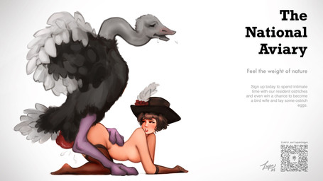bestiality big_butt black_body brown_hair butt clothing duo ejaculation feathered_cap female female_human female_on_bottom female_on_feral feral feral_on_top gloves hair handwear hat headgear headwear human_on_bottom human_on_feral interspecies legwear looking_at_another looking_at_partner male male/female male_feral male_on_top markings on_bottom on_top one_foot_raised partially_clothed_female partially_clothed_human qr_code realistic_feral short_hair simple_background stockings text thick_thighs white_background white_markings lupaningyo avian bird human mammal ostrich ratite 16:9 2025 4k absurd_res digital_media_(artwork) digital_painting_(artwork) english_text hi_res painting_(artwork) shaded signature url widescreen