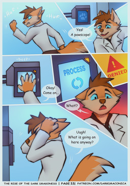 anthro biped blue_eyes claws clothed clothing coat dialogue fangs footprint frustrated fur hair hand_on_head hands_behind_head male motion_lines orange_body orange_fur page_number pawprint running scanner solo speech_bubble tail teeth text topwear white_clothing white_coat white_topwear darkdraconica patreon dave_(darkdraconica) canid canine fox mammal 2023 absurd_res artist_name colored comic digital_drawing_(artwork) digital_media_(artwork) english_text hi_res multiple_scenes url