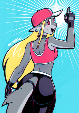 5_fingers abstract_background anthro baseball_cap black_choker black_clothing black_fingerless_gloves black_fingernails black_gloves black_handwear black_jewelry black_leggings black_legwear black_nails black_necklace blonde_hair blue_background bra butt choker clothed clothing colored_nails drop_shadow ear_piercing ear_ring eyebrows eyelashes female fingerless_gloves fingernails fingers furgonomics gesture gloves grey_body hair hand_gesture handwear happy hat headgear headwear humanoid_hands jewelry leggings legwear long_hair looking_at_viewer looking_back looking_back_at_viewer mole_under_eye nails necklace open_mouth open_smile piercing pink_bra pink_clothing pink_eyes pink_hat pink_headwear pink_tongue pink_underwear pointing pointing_up pupils rear_view ring_piercing sharp_teeth simple_background smile solo sports_bra tail tail_clothing teeth tongue underwear white_pupils lobsteritus rosebud_(lobsteritus) aquatic fish shark 2024 absurd_res clip_studio_paint_(artwork) dated digital_media_(artwork) dithering hi_res portrait signature three-quarter_portrait trans_(lore) trans_woman_(lore)